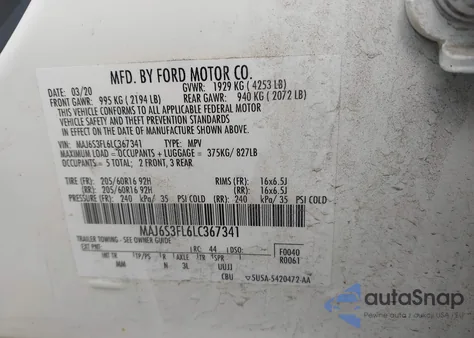 2020 Ford Ecosport S z USA, uszkodzony, nr VIN MAJ6S3FL6LC367341